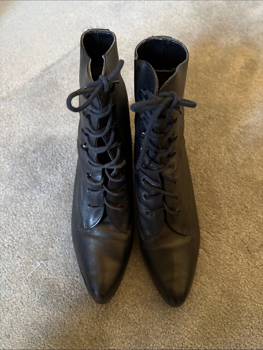 Black Granny Lace-Up Pointed Toe Leather Boots US 8 M Y2K